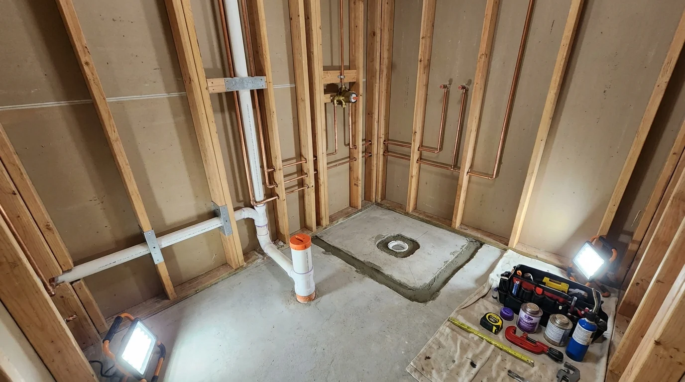 Bathroom rough-in plumbing during remodel by Johns Plumbing LLC in Los Osos