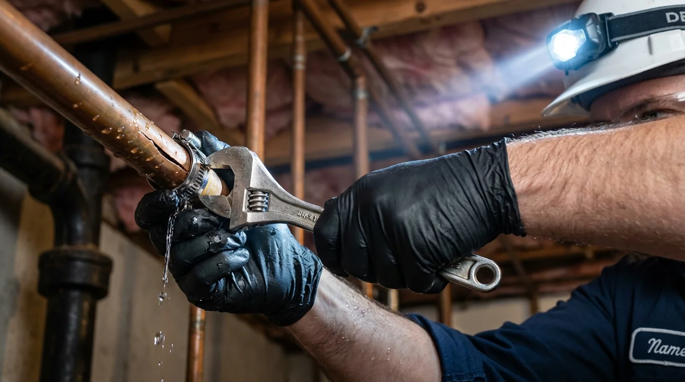 Emergency pipe clamp repair being performed by a Johns Plumbing LLC plumber in Los Osos