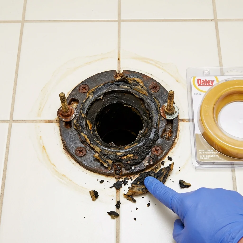 Failed wax ring showing water seepage at the base of a toilet in a Los Osos, CA home